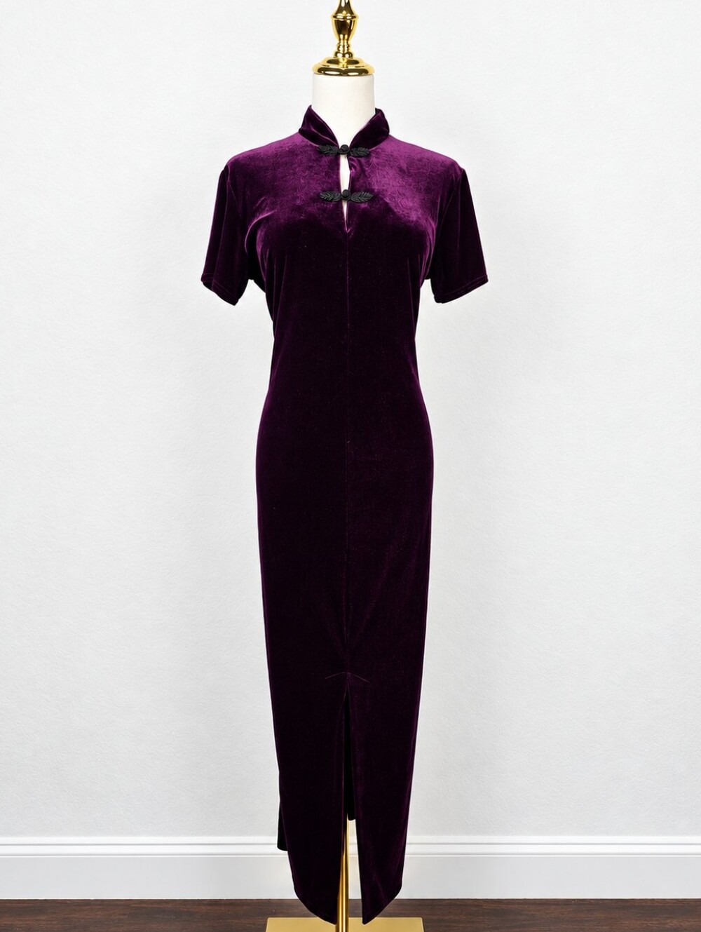 Vintage 90s Dressing Clio Plum Velvet Maxi Dress Glam Goth Mandarin Frog Closure